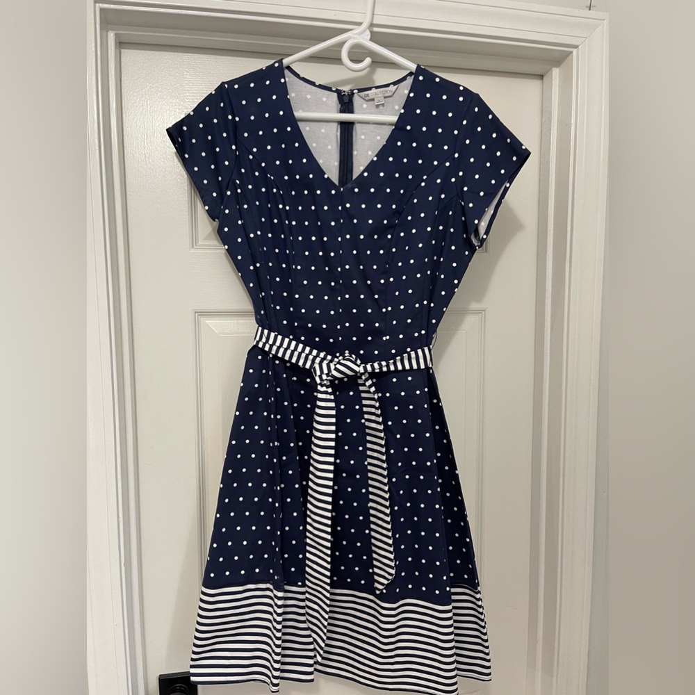 EUC navy and white striped and polka dot dress. Size L